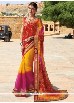 Faux Georgette Multi Colour Lace Work Printed Saree