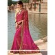 Hot Pink And Red Lace Work Faux Georgette Printed Saree