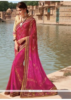 Hot Pink And Red Lace Work Faux Georgette Printed Saree