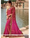 Hot Pink And Red Lace Work Faux Georgette Printed Saree