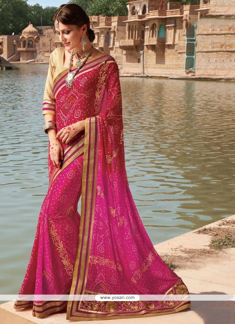 Buy Hot Pink And Red Lace Work Faux Georgette Printed Saree | Casual Sarees