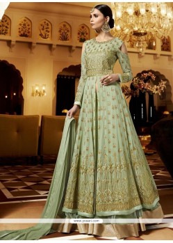 Embroidered Net Long Choli Lehenga In Sea Green