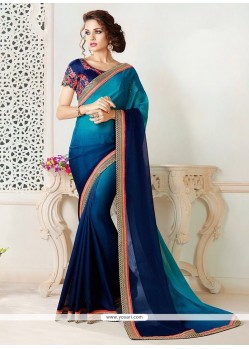 Embroidered Work Blue And Navy Blue Shaded Saree