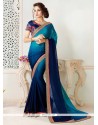 Embroidered Work Blue And Navy Blue Shaded Saree