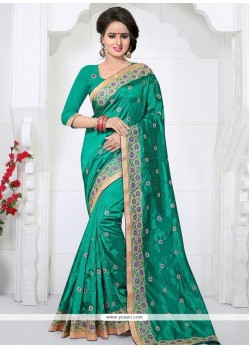 Embroidered Work Sea Green Traditional Designer Saree