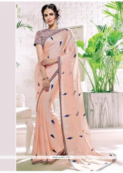 Faux Georgette Peach Embroidered Work Designer Saree