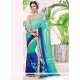 Embroidered Work Blue And Sea Green Faux Georgette Shaded Saree