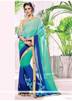 Embroidered Work Blue And Sea Green Faux Georgette Shaded Saree