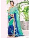 Embroidered Work Blue And Sea Green Faux Georgette Shaded Saree