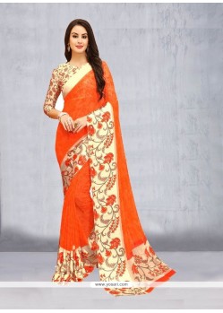 Print Work Orange Faux Georgette Printed Saree