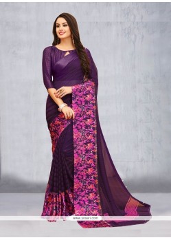 Purple Print Work Faux Georgette Printed Saree