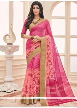 Pink Print Work Cotton Casual Saree