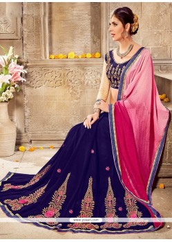 Hot Pink And Navy Blue Lace Work Faux Georgette Half N Half Saree