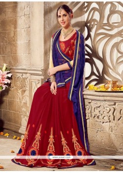 Faux Georgette Navy Blue And Red Embroidered Work Designer Half N Half Saree