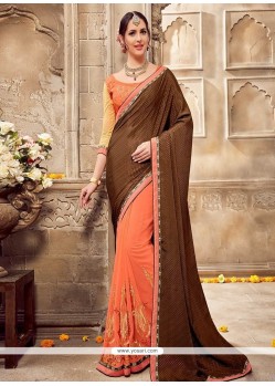 Brown And Orange Lace Work Jacquard Half N Half Saree