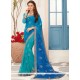 Blue And Sea Green Print Work Faux Georgette Printed Saree