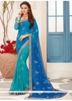 Blue And Sea Green Print Work Faux Georgette Printed Saree