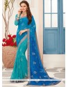 Blue And Sea Green Print Work Faux Georgette Printed Saree