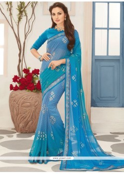 Blue Print Work Faux Georgette Printed Saree