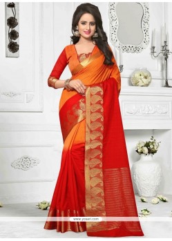 Orange And Red Thread Work Cotton Classic Designer Saree