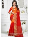 Orange And Red Thread Work Cotton Classic Designer Saree