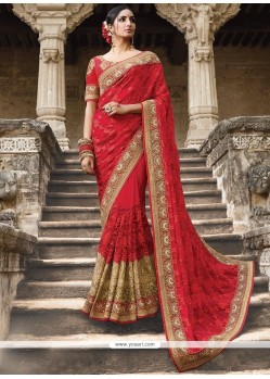 Red Lace Work Net Designer Saree