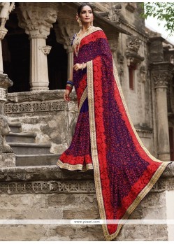 Embroidered Work Red And Violet Designer Saree