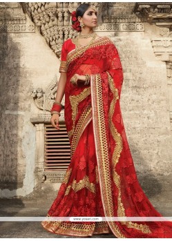 Lace Work Red Designer Saree