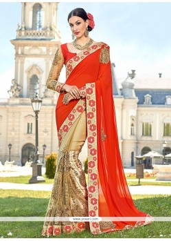 Faux Georgette Beige And Red Half N Half Designer Saree