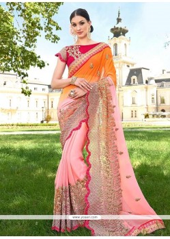 Faux Georgette Orange And Pink Shaded Saree