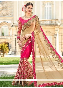 Net Beige And Hot Pink Embroidered Work Designer Half N Half Saree