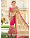 Net Beige And Hot Pink Embroidered Work Designer Half N Half Saree