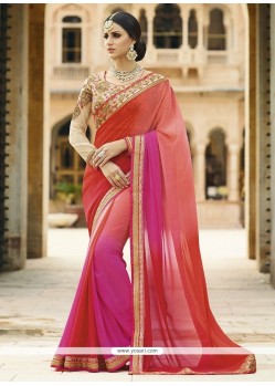 Faux Georgette Hot Pink And Peach Shaded Saree