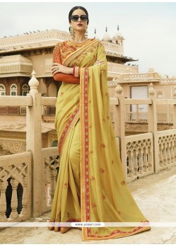 Mustard Embroidered Work Art Silk Classic Saree