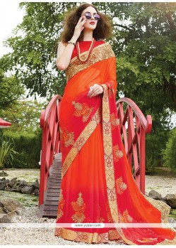 Embroidered Work Orange Designer Saree