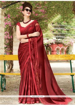 Net Maroon Embroidered Work Designer Saree