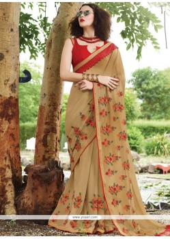 Georgette Beige Embroidered Work Designer Saree