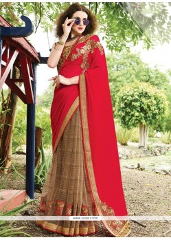 Net Brown And Red Designer Saree