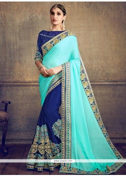 Blue And Navy Blue Patch Border Work Faux Chiffon Designer Half N Half Saree