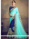 Blue And Navy Blue Patch Border Work Faux Chiffon Designer Half N Half Saree