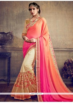 Faux Georgette Cream, Orange And Pink Half N Half Saree