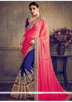 Faux Chiffon Hot Pink And Navy Blue Half N Half Saree