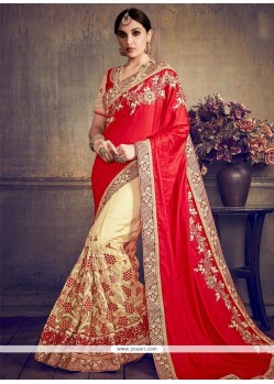 Cream And Red Embroidered Work Designer Half N Half Saree