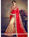 Cream And Red Embroidered Work Designer Half N Half Saree