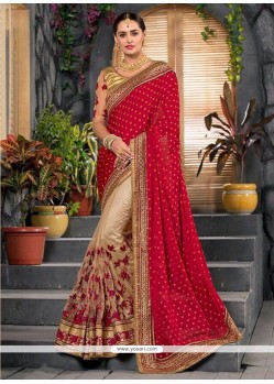 Jacquard Beige And Red Designer Half N Half Saree