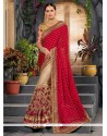 Jacquard Beige And Red Designer Half N Half Saree