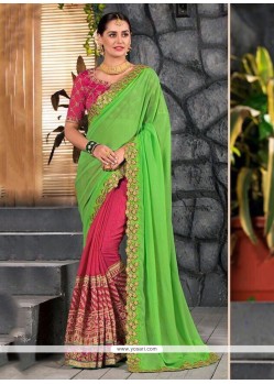 Green And Hot Pink Half N Half Saree