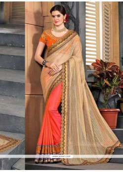 Embroidered Work Beige And Orange Designer Half N Half Saree