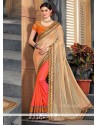 Embroidered Work Beige And Orange Designer Half N Half Saree