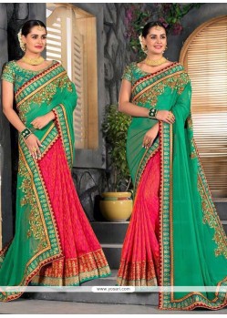 Faux Chiffon Green And Rose Pink Embroidered Work Half N Half Saree